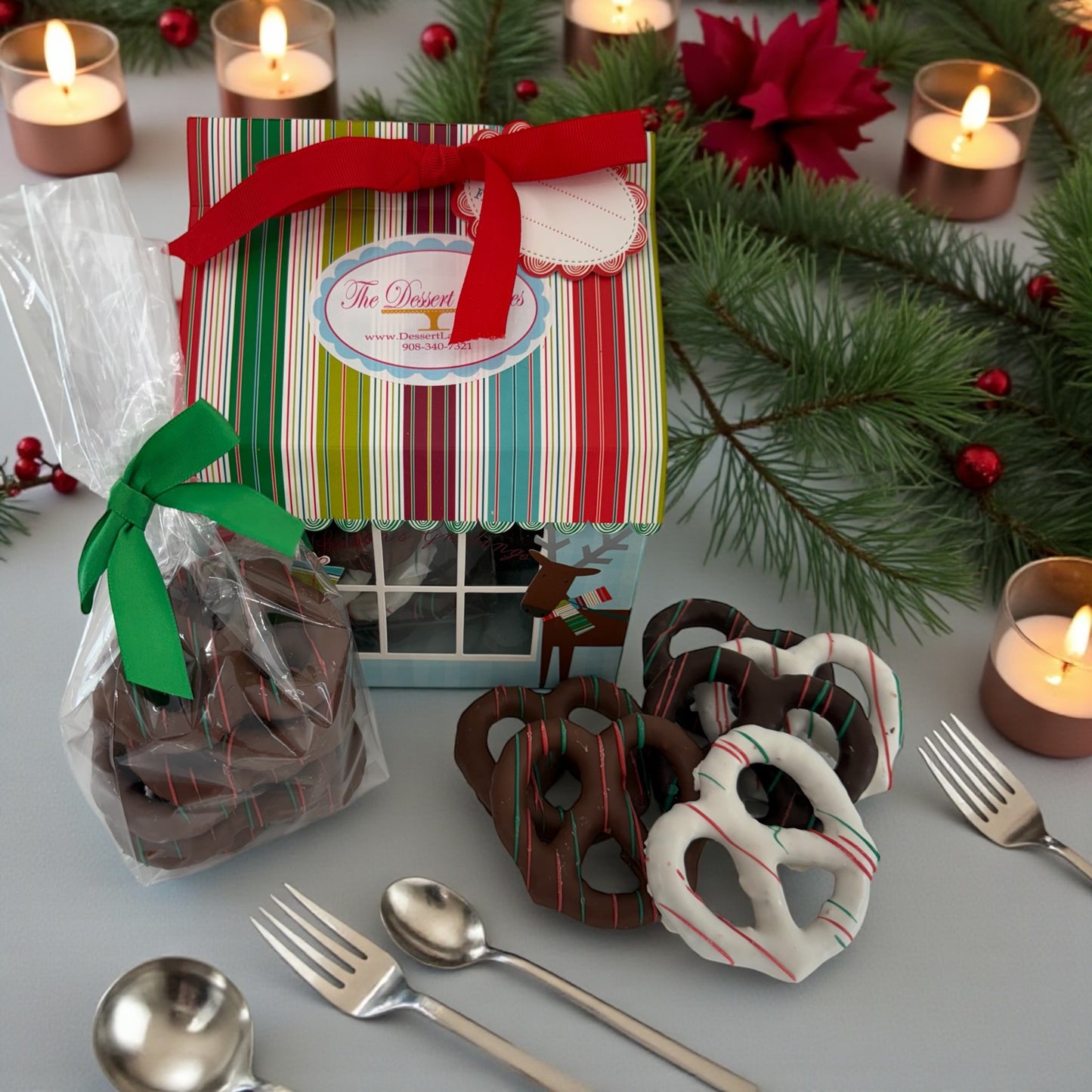 Holiday House Pretzel Box β 12 Gourmet Chocolate-Covered Pretzels - The Dessert Ladies