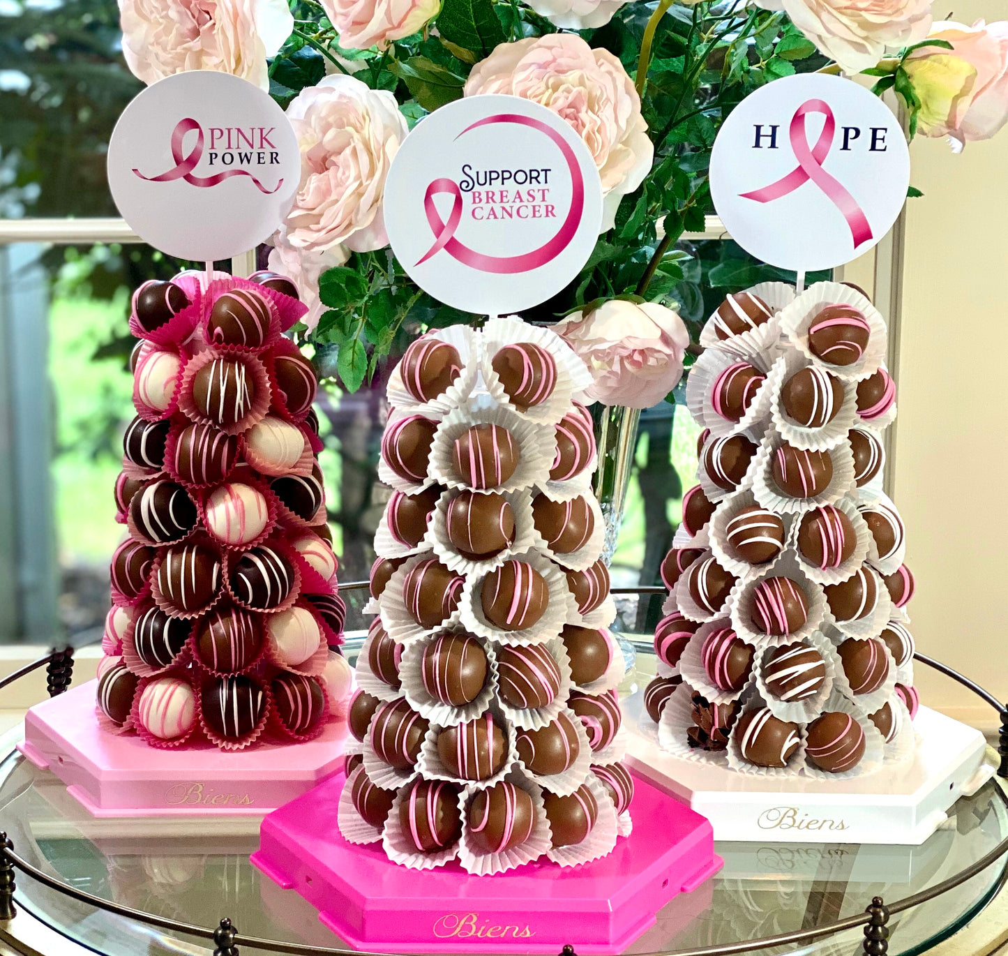 Biens Chocolate Centerpieces Gift Tower- Breast Cancer Awareness Fundraiser - The Dessert Ladies